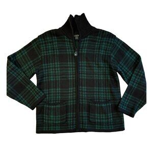Tally-Ho Vintage Woman's M Sweater Green Black Zip Plaid Cardigan